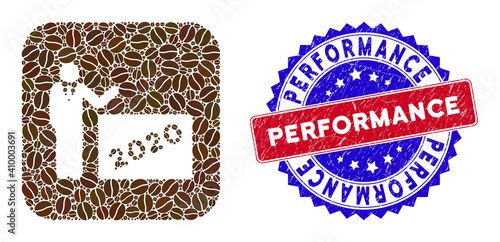 Vector mosaic 2020 showing man and grunge bicolor Performance seal. Mosaic 2020 showing man constructed as carved shape from rounded square with cocoa grain.