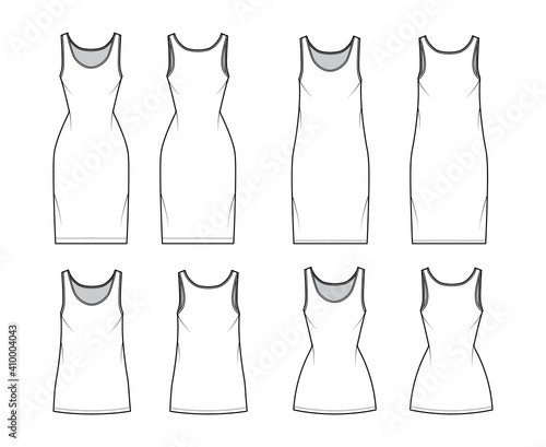 Tank dress technical fashion illustration with scoop neck, straps, knee, mini length, oversized, fitted body, Pencil fullness. Flat apparel template front, back, white color. Women, unisex CAD mockup