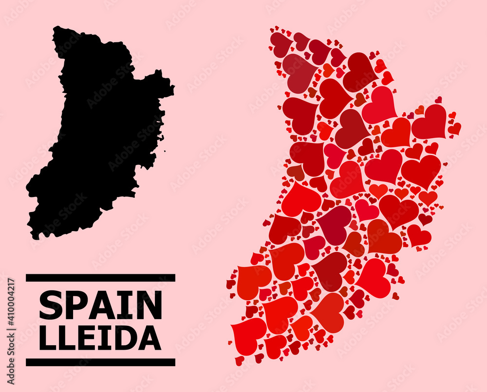 Love mosaic and solid map of Lleida Province on a pink background. Mosaic map of Lleida Province designed with red love hearts. Vector flat illustration for dating concept illustrations.