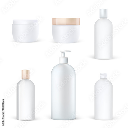 Realistic cosmetic packaging set of clean plastic bottles, blank lotion shampoo tube, care cream boxes.