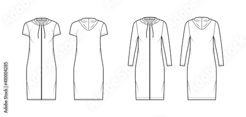 Hoodie zip-up dress technical fashion illustration with long, short sleeves, knee length, oversized body, Pencil fullness. Flat apparel template front, back, white color. Women, men, unisex CAD mockup