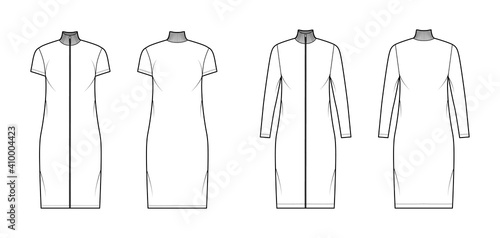 Turtleneck zip-up dress technical fashion illustration with long, short sleeves, knee length, oversized body, Pencil fullness. Flat apparel template front, back, white color. Women, unisex CAD mockup