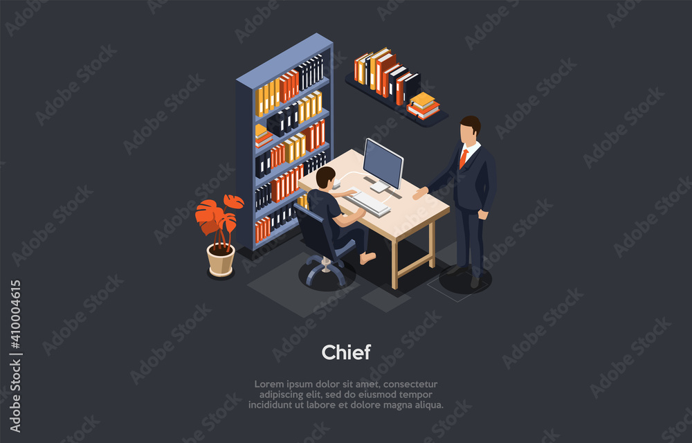 Vector Illustration In Cartoon 3D Style. Isometric Composition. Dark Background, Writing And Objects. Office Interior Items And Two Characters. Chief In Business Suit And Company Worker At Workplace Vector Illustration In Cartoon 3D Style. Isometric Composition. Dark Background, Writing And Objects. Office Interior Items And Two Characters. Chief In Business Suit And Company Worker At Workplace
