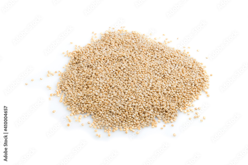 Pile of raw white quinoa isolated on white background. Side view, close up. Pile of raw white quinoa isolated on white background. Side view, close up.