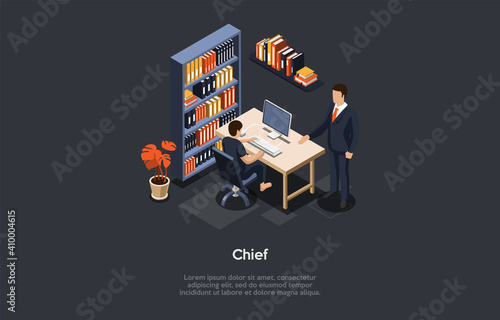 Vector Illustration In Cartoon 3D Style. Isometric Composition. Dark Background, Writing And Objects. Office Interior Items And Two Characters. Chief In Business Suit And Company Worker At Workplace