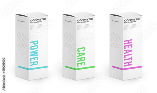cosmetic packaging boxes with different products. Realistic 3d paper boxes with colorful packaging typography.