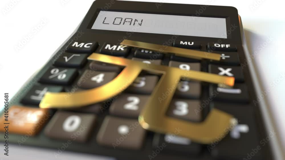 LOAN text on calculator display and renminbi currency symbol. Conceptual 3d animation LOAN text on calculator display and renminbi currency symbol. Conceptual 3d animation