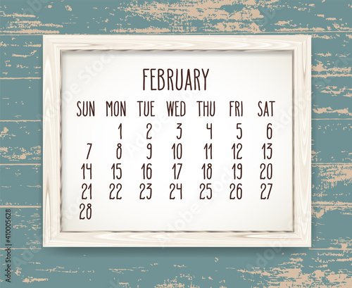 February year 2021 monthly calendar in a wooden frame