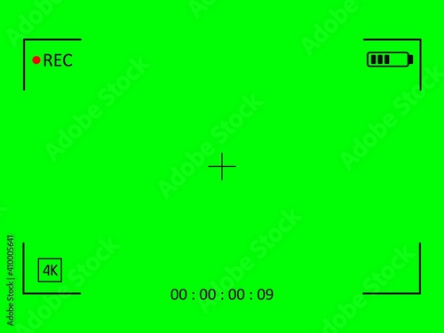 Green screen camera with video shooting parameters. Chroma key with viewfinder cross and resoluton photo quiality indicators. Digital zoom for modern vector bloggers.