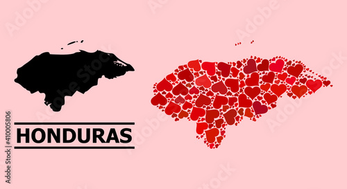 Love mosaic and solid map of Honduras on a pink background. Mosaic map of Honduras created from red valentine hearts. Vector flat illustration for love concept illustrations.