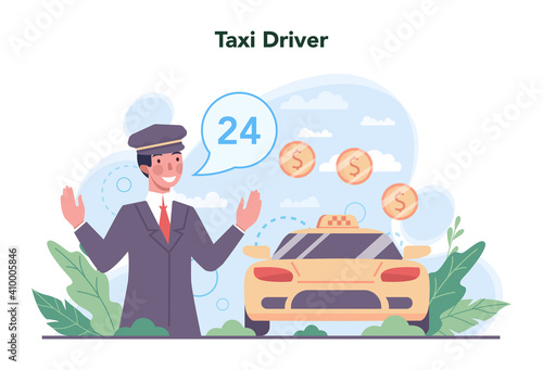Taxi service concept. Yellow taxi car. Automobile cab with driver
