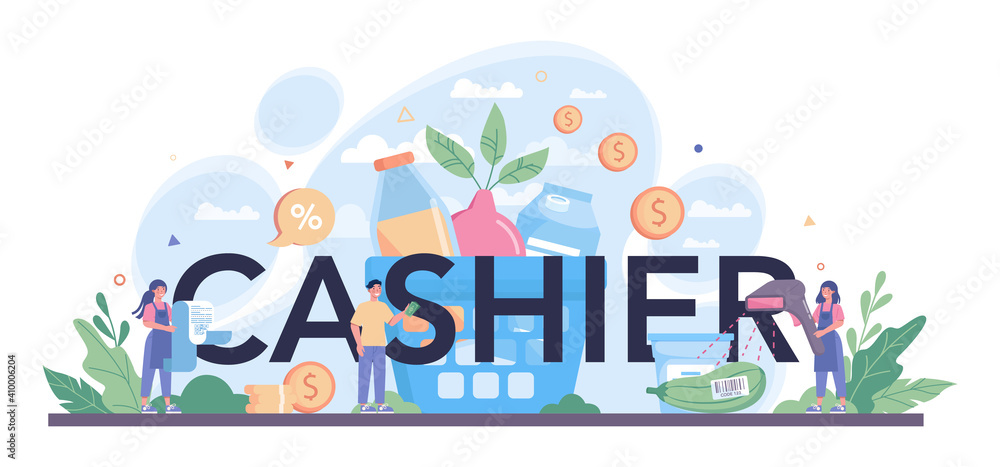 Cashier typographic header. Worker behind the cashier counter Cashier typographic header. Worker behind the cashier counter