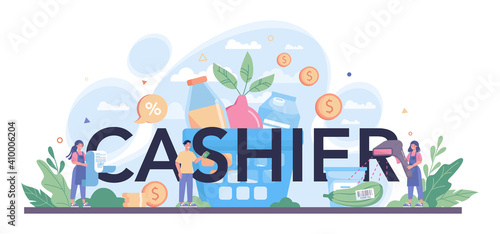 Cashier typographic header. Worker behind the cashier counter