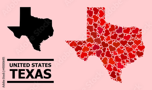 Love pattern and solid map of Texas State on a pink background. Collage map of Texas State designed with red love hearts. Vector flat illustration for love abstract illustrations.