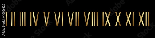Gold roman numerals black background set. Elegant ancient number font 1 to 12 old luxury math for templates and retro vector counting.