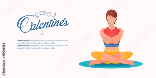 Women exercising in yoga pose or asana posture for happy Valentine’s Day banner template design. Girl doing yoga pose in meditation with pink heart icon on background. Flat design.  © tondruangwit