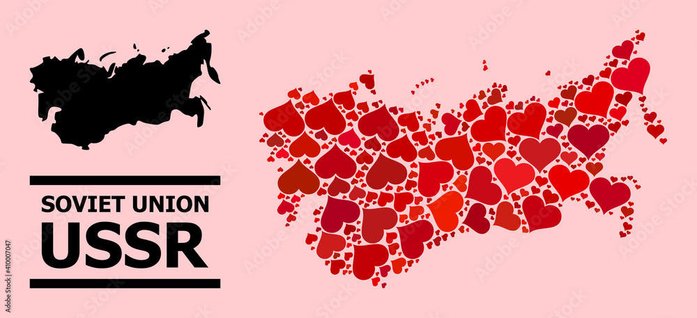 Love collage and solid map of USSR on a pink background. Collage map of USSR is composed from red lovely hearts. Vector flat illustration for marriage conceptual illustrations. Love collage and solid map of USSR on a pink background. Collage map of USSR is composed from red lovely hearts. Vector flat illustration for marriage conceptual illustrations.