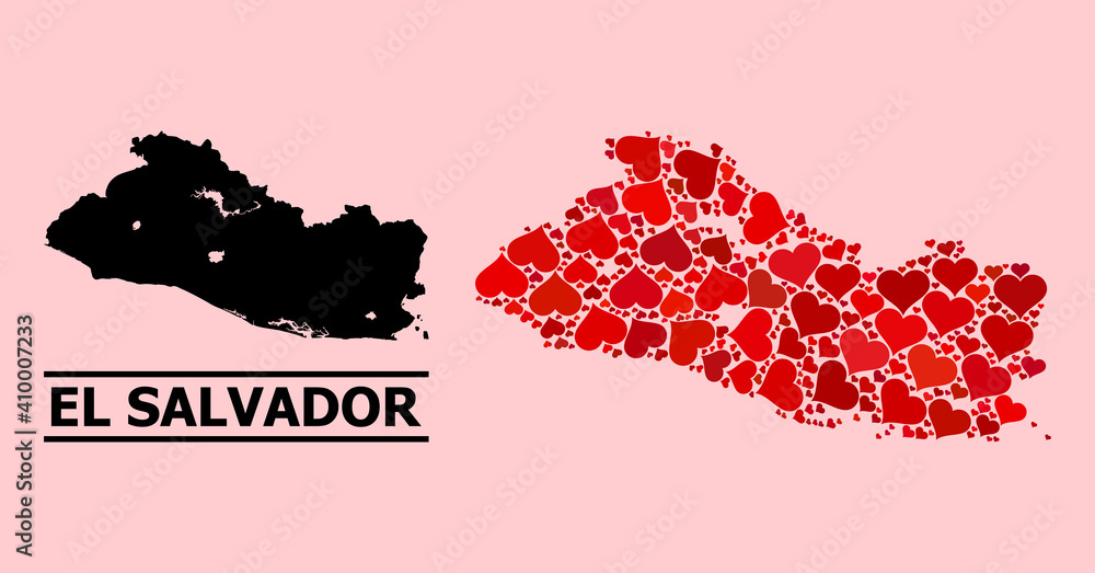 Obraz premium Love mosaic and solid map of El Salvador on a pink background. Mosaic map of El Salvador created from red lovely hearts. Vector flat illustration for love concept illustrations.