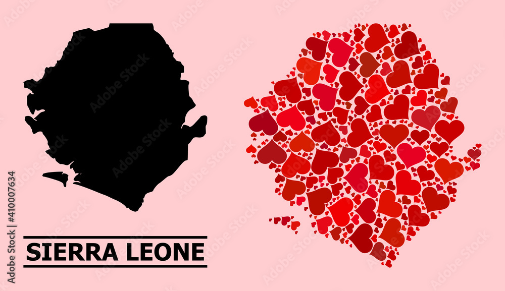 Love mosaic and solid map of Sierra Leone on a pink background. Mosaic map of Sierra Leone designed with red hearts. Vector flat illustration for dating abstract illustrations.
