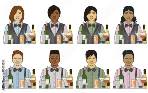 diversity, race, ethnicity of bartender server vector icons, male and female, with wine bottles, drinks and shaker isolated on a white background