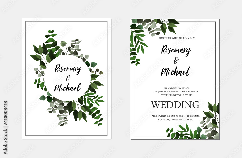 Save the date wedding invite card with floral green leaves, eucalyptus. Vector botanical template border, cover, decorative invitation with greenery, branch