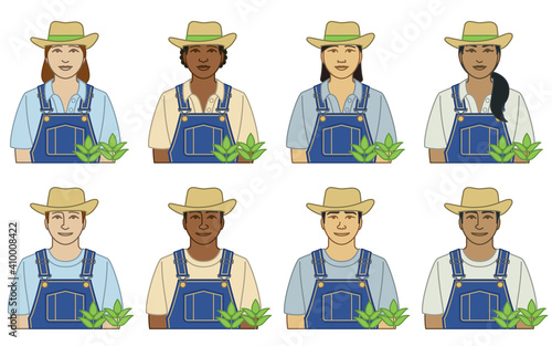 diversity, race, ethnicity of farmer vector icons, male and female, with plant crop, isolated on a white background