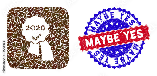 Vector collage 2020 approve award and grunge bicolor Maybe Yes seal stamp. Mosaic 2020 approve award designed as subtraction from rounded square with coffee grain.