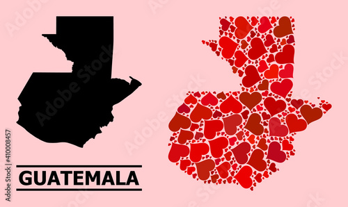 Love collage and solid map of Guatemala on a pink background. Mosaic map of Guatemala is formed with red love hearts. Vector flat illustration for dating concept illustrations.