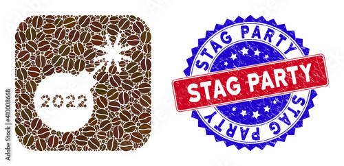 Vector mosaic 2022 petard and grunge bicolor Stag Party seal. Mosaic 2022 petard constructed as stencil from rounded square with cocoa grain.