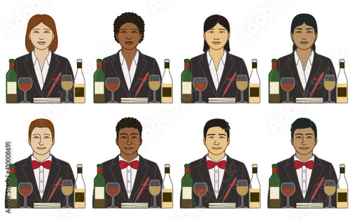 diversity, race, ethnicity of sommelier or wine steward vector icons, male and female, with wine glasses and bottles, isolated on a white background