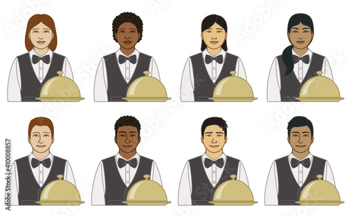 diversity, race, ethnicity of waiter and waitress server vector icons, male and female, with covered tray, isolated on a white background