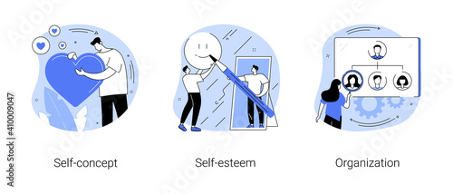 Personality trait abstract concept vector illustration set. Self-concept, self-esteem and organization, confidence, personal value, organize daily life, training personal skills abstract metaphor.