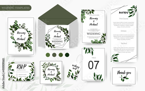 Save the date wedding invite card with floral green leaves  eucalyptus. Vector botanical template border  cover  decorative invitation with greenery  branch