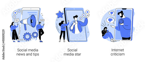 Digital content abstract concept vector illustration set. Social media news and tips, influencer, internet criticism, personal blog, hate speech, comments and share, fake profile abstract metaphor.