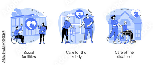Social services work abstract concept vector illustration set. Social facilities, care for the elderly and disabled people, health care, retired people, nursing home, wheelchair abstract metaphor.