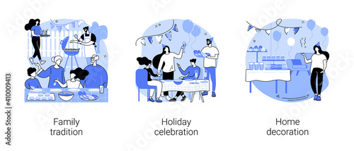 Home party abstract concept vector illustration set. Family tradition, holiday celebration, home decoration, family reunion, having fun together, festive dinner, gathering abstract metaphor.