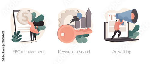 Internet marketing abstract concept vector illustration set. PPC management, keyword research, Ad writing, online ad campaign, digital agency, website ranking, advertising seo abstract metaphor.