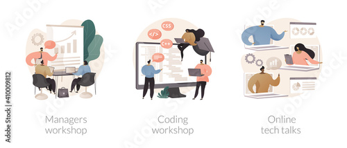 IT digital education abstract concept vector illustration set. Online courses, coding workshop, online tech talks, programming course, app and games development class, informatics abstract metaphor.