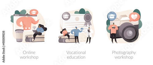 Professional learning abstract concept vector illustration set. Online workshop, vocational education, photography post processing and portfolio creation, student group, college abstract metaphor.