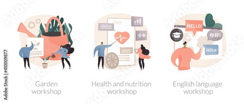 Training programs abstract concept vector illustration set. Garden, health and nutrition, foreign language workshops, native speaker course, landscape design, learn cooking abstract metaphor.