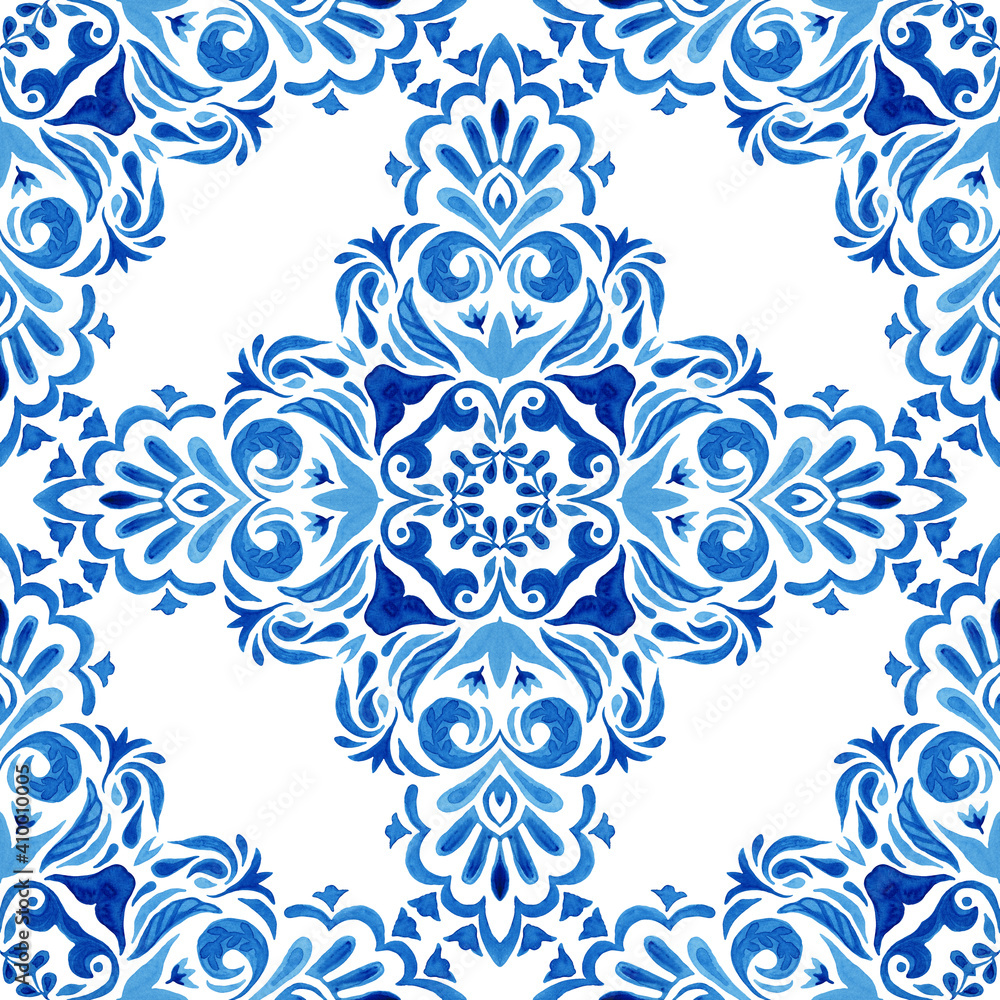 Abstract blue and white hand drawn damask tile seamless ornamental retro watercolor paint pattern. Portuguese ceramic tiles inspired. Floral cross Abstract blue and white hand drawn damask tile seamless ornamental retro watercolor paint pattern. Portuguese ceramic tiles inspired. Floral cross