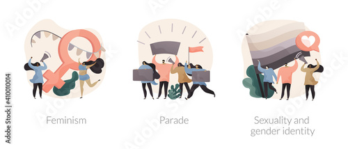 Human rights abstract concept vector illustration set. Feminism, parade and peaceful march, mass event, sexuality and gender identity, girl power, equal rights, LGBT movement abstract metaphor.
