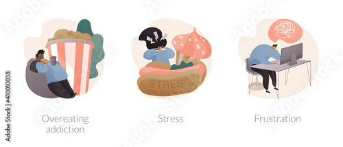 Mental problem abstract concept vector illustration set. Overeating addiction, stress and frustration, addictive food-related behavior, overworking, psychologist session, anxiety abstract metaphor.