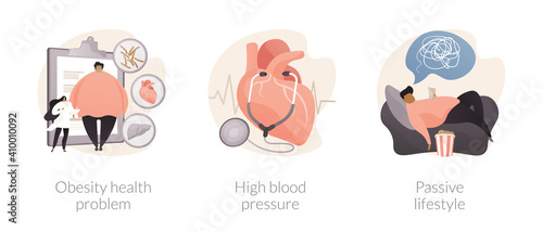 Inactive lifestyle problems abstract concept vector illustration set. Obesity health problem, high blood pressure, passive lifestyle, eating junk food, body fat, bad shape, apathy abstract metaphor.