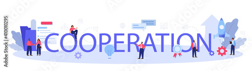 Cooperation typographic header. Office characters working together