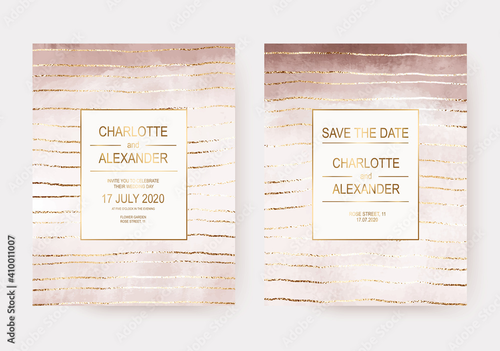 Naklejka premium Blush watercolor wedding invitation cards with gold horizontal stripes.