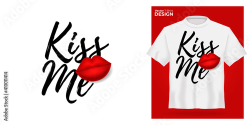 T-shirt mock up with red lips print. 3d realistic shirt template. White tee mockup, front view design, kiss me slogan. Vector illustration
