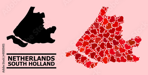 Love collage and solid map of South Holland on a pink background. Mosaic map of South Holland is composed with red love hearts. Vector flat illustration for marriage abstract illustrations.