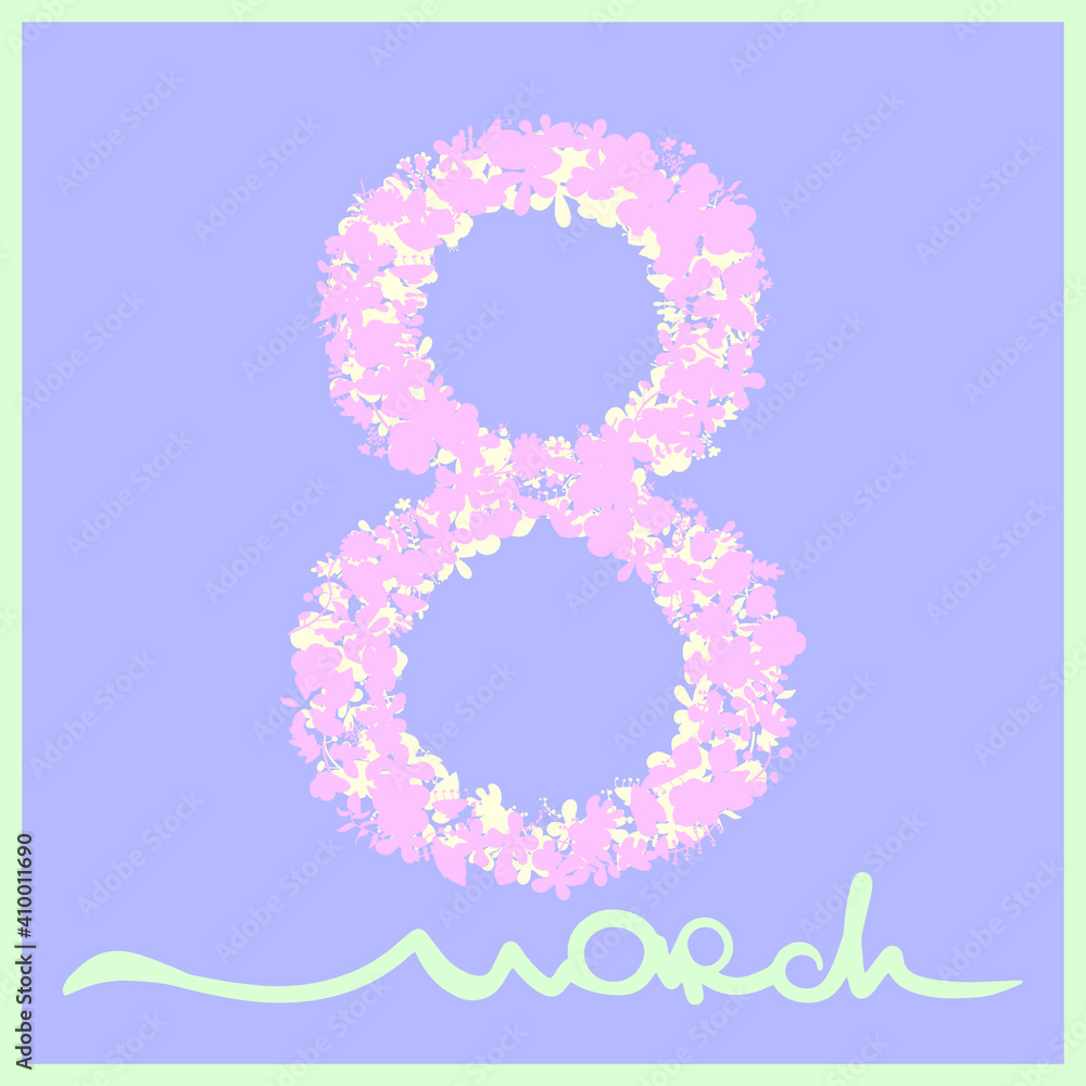 Pink, lilac and mint colors sign of March 8. Floral lettering. Symbol and inscription for the women's holiday. Vector illustration for cards, invitations, celebration. Pink, lilac and mint colors sign of March 8. Floral lettering. Symbol and inscription for the women's holiday. Vector illustration for cards, invitations, celebration.