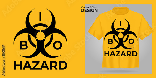 T-shirt mock up with Biohazard black icon, sign, logo print. 3d realistic shirt template. Yellow tee mockup, front view design, Biohazard slogan. Vector illustration